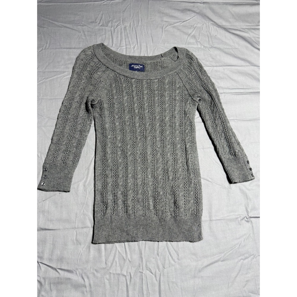 American Eagle Sweater Women Small Gray Good Cable Knit Scoop Neck 3/4 Sleeve